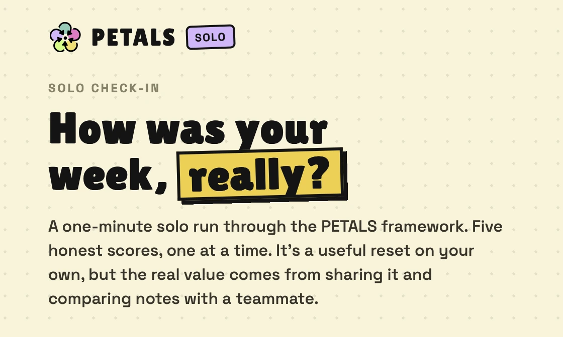 Solo, the PETALS one-minute check-in, in its bold brutalist style