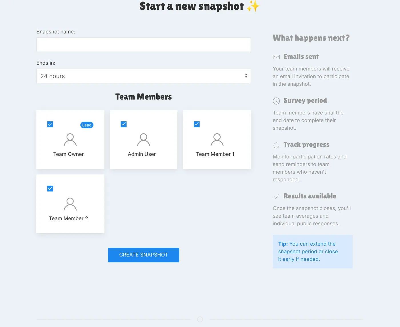 The Start a new snapshot form as seen by a team member who isn't the lead, with a name field, an end time, and the team members to invite